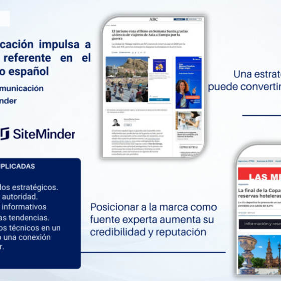 Diapositiva informativa mostrando el Círculo de Comunicación y SiteMinder con sus logos, dos capturas de noticias y una lista de soluciones implicadas.