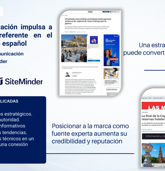 Diapositiva informativa mostrando el Círculo de Comunicación y SiteMinder con sus logos, dos capturas de noticias y una lista de soluciones implicadas.