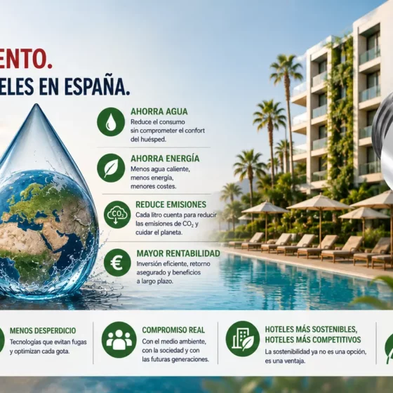 Infografía sobre escasez de agua y turismo sostenible: gota con la Tierra, mensaje principal y logotipo GreenJet junto a un hotel de playa/piscina.