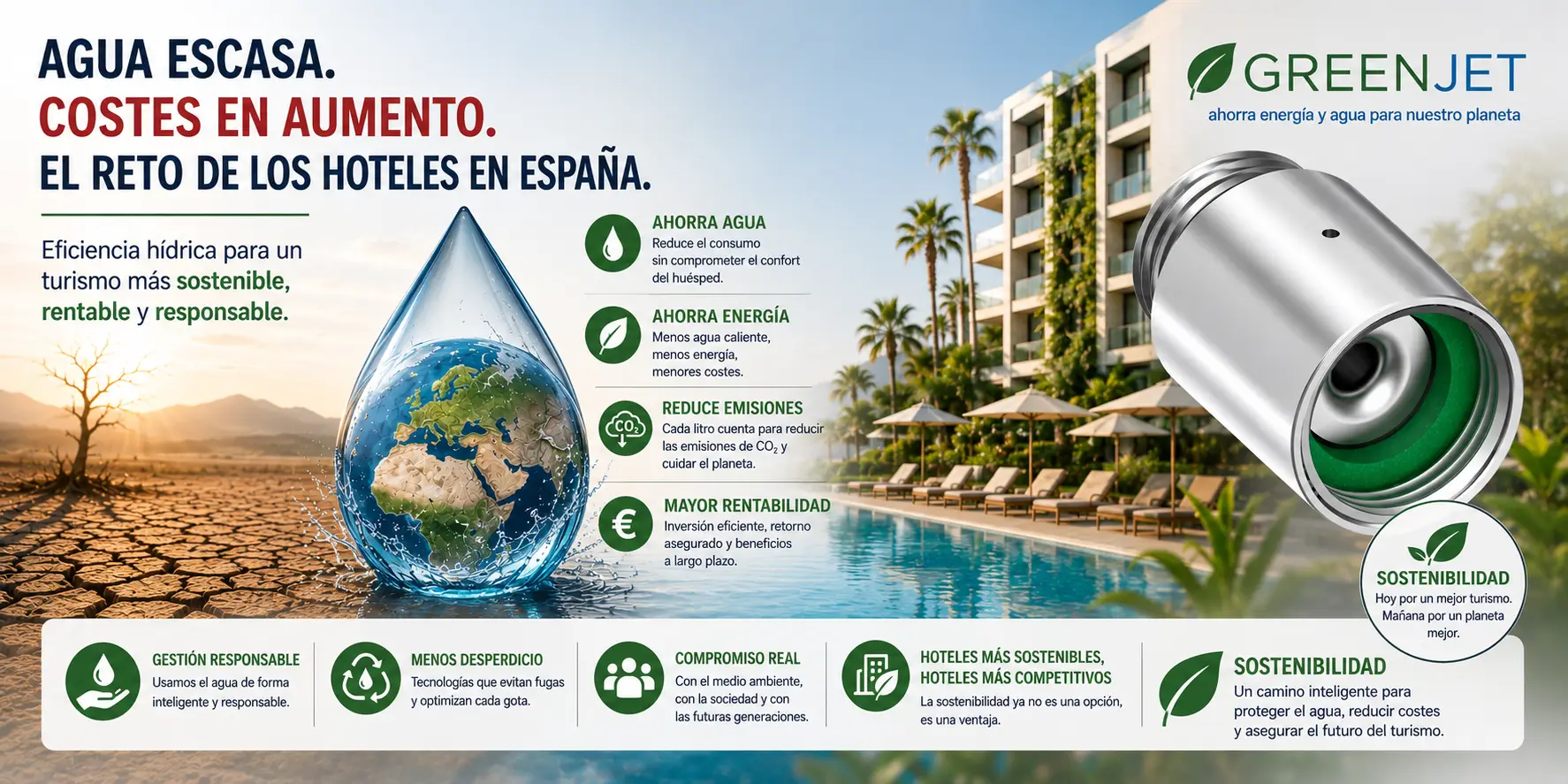 La escasez de agua y altos costes energéticos impulsan a hoteles españoles a gestionar eficientemente sus recursos.