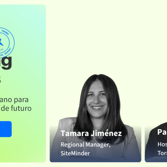 Banner for a webinar: Hotel Booking Trends with a green gradient card, 'Ver grabación' button, and two speaker cards (Tamara Jiménez and Pablo Torres).