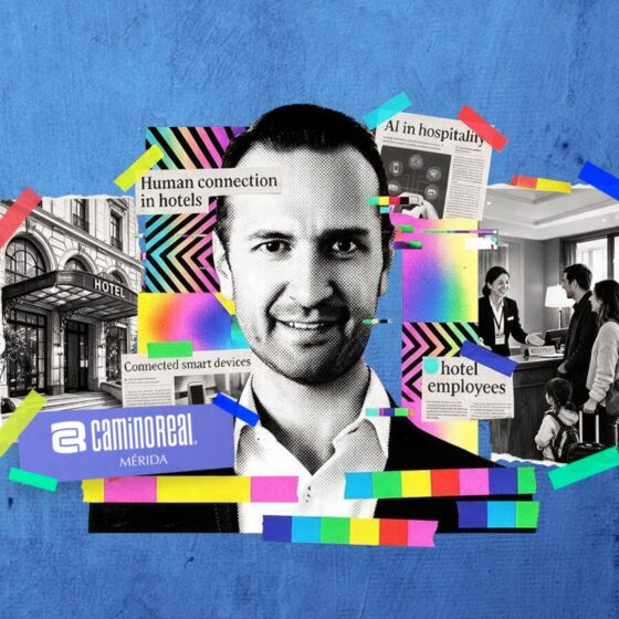 Collage featuring a man's portrait with hotel imagery, staff at a desk, and colorful tape accents symbolizing hospitality tech.