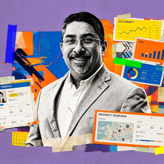 Portrait of a smiling man in a suit surrounded by colorful data dashboards and charts, illustrating business analytics activeshaping insights (collage background)