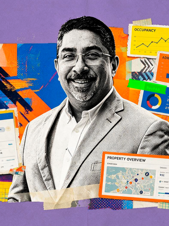 Portrait of a smiling man in a suit surrounded by colorful data dashboards and charts, illustrating business analytics activeshaping insights (collage background)