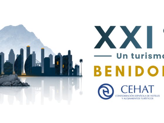 Banner anunciando el XXI Congreso Hotelero Benidorm 2027: silueta de ciudad junto al mar, montaña de fondo y logotipos de CEHAT y HOSBEC.