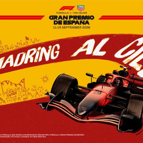 Bright yellow poster featuring a red Formula 1 car racing on a curved red track with ‘Gran Premio de España’ and dates 11-13 September 2026, front and center typography.