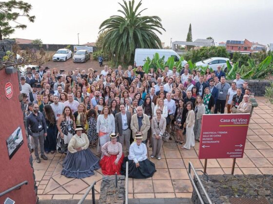 Large group of people posing for a group photo outdoors at Casa del Vino Tenerife; front row features people in period costumes and dresses with palm trees in the background.