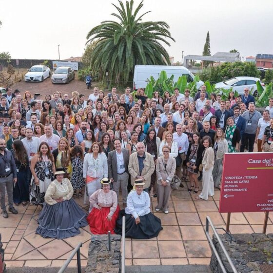 Large group of people posing for a group photo outdoors at Casa del Vino Tenerife; front row features people in period costumes and dresses with palm trees in the background.