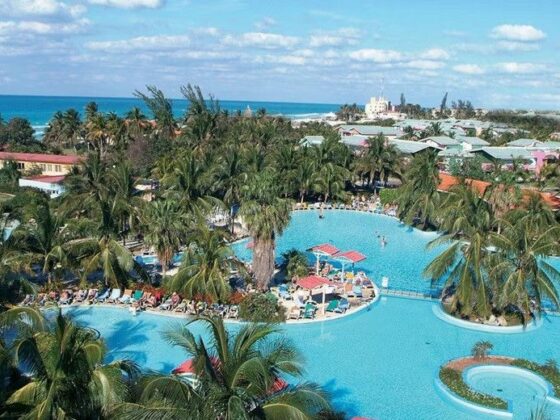 Aerial view of a tropical resort with a winding blue pool, palm trees, and lounge chairs, with the sea in the background.