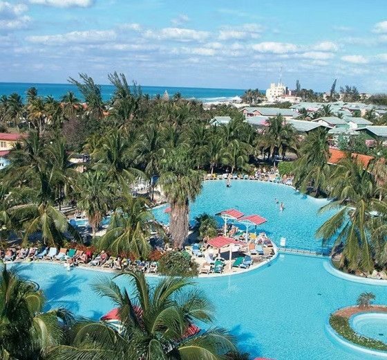 Aerial view of a tropical resort with a winding blue pool, palm trees, and lounge chairs, with the sea in the background.