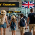 Family of four with rolling suitcases walks toward departures in a busy airport, holding hands under a UK flag sign.