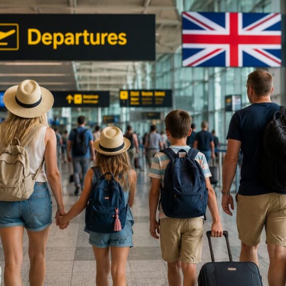 Family of four with rolling suitcases walks toward departures in a busy airport, holding hands under a UK flag sign.