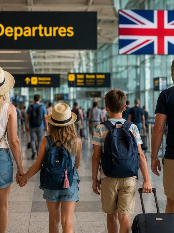 Family of four with rolling suitcases walks toward departures in a busy airport, holding hands under a UK flag sign.