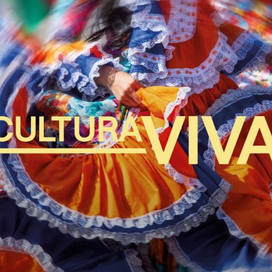 Vibrant traditional dancers in multi‑colored dresses with lace trim, motion blurred, overlaid with the text CULTURAL VIVA.