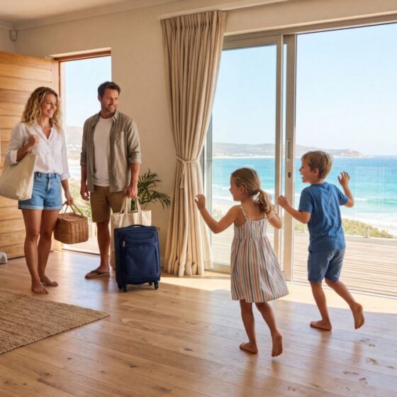Family of four entering a bright beachhouse living room as glass doors open to the ocean outside.