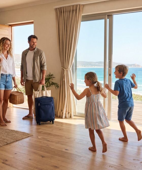 Family of four entering a bright beachhouse living room as glass doors open to the ocean outside.