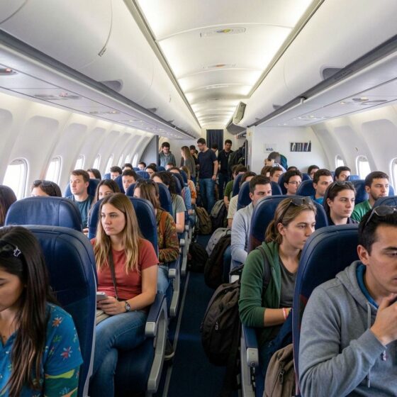 Crowded airplane cabin with passengers seated in blue seats along the aisle under overhead bins.