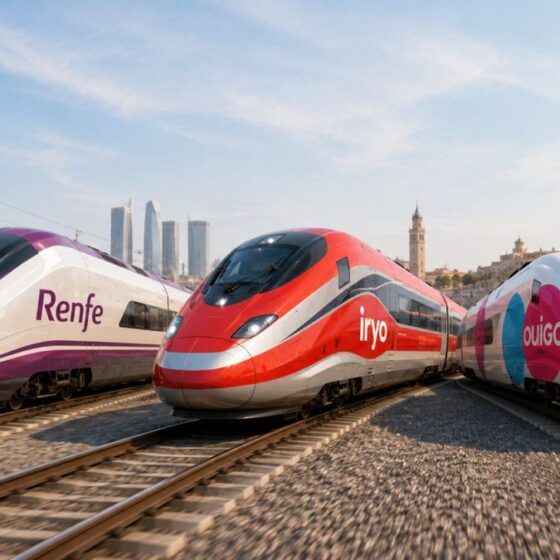 Three high-speed trains from Renfe, Iryo, and Ouigo sit on parallel tracks with a city skyline in the background.