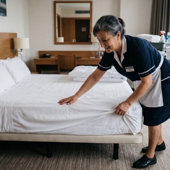 Hotel room attendant in uniform straightening a white bed with pillows in a sunlit room.