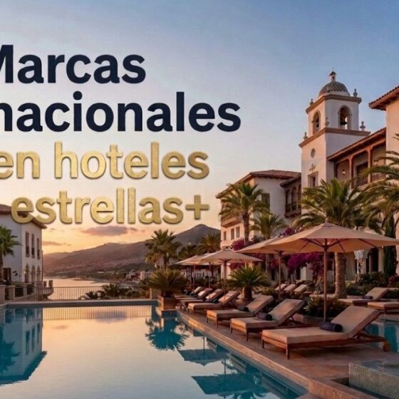 Promotional banner for top international brands in four‑star hotels, showing a luxury resort with pool at sunset.