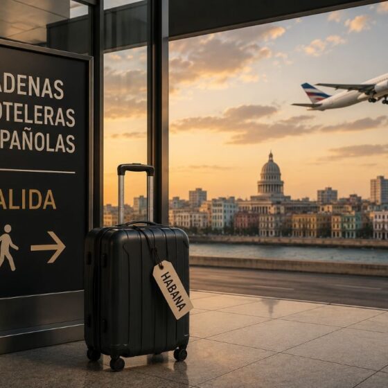 Luggage at the airport with a sign reading 'Salida' and a distant airplane taking off over a Havana cityscape at sunset (tag says HABANA).