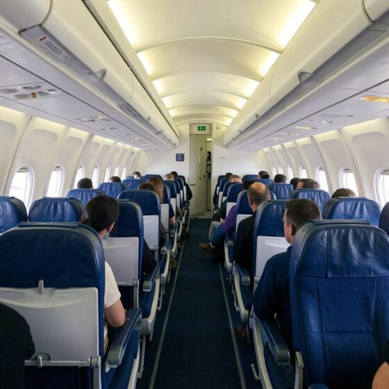 Inside a commercial airplane cabin: passengers seated in blue seats along a central aisle, windows on both sides, view toward the forward door.