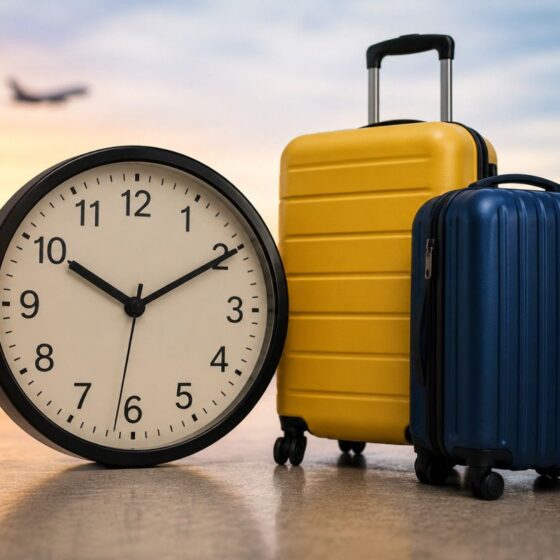 Clock and two rolling suitcases (yellow and blue) resting on a terminal floor, with a sunset and airplane in the background—conveying travel timing or departure visuals.