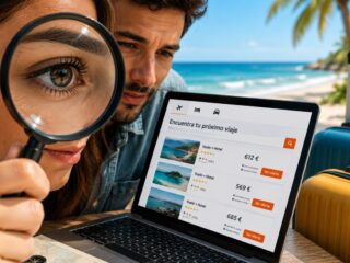 Woman with a magnifying glass examines a laptop displaying travel search results on a sunny beach.