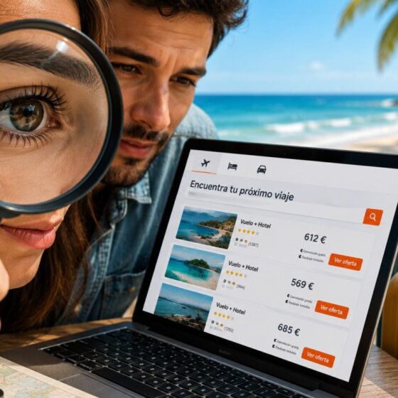 Woman with a magnifying glass examines a laptop displaying travel search results on a sunny beach.
