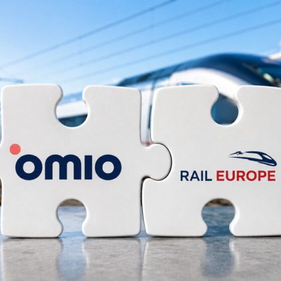 Two interlocking puzzle pieces displaying the Omio and Rail Europe logos, with a high-speed train in the background.
