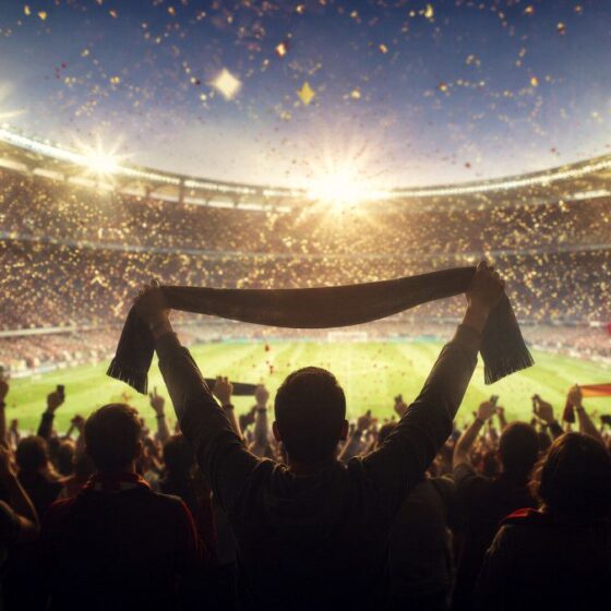 Crowd of stadium spectators celebrating, a fan in the foreground raises a scarf above their head as lights blaze overhead.