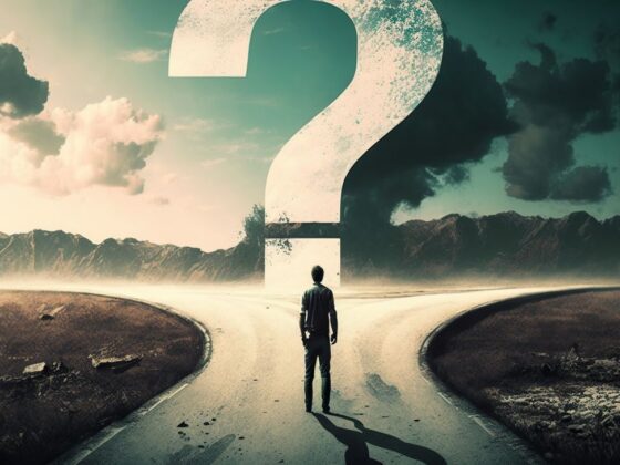 A person stands at a split road, facing a giant question mark in the sky, symbolizing a life choice or uncertainty ahead.