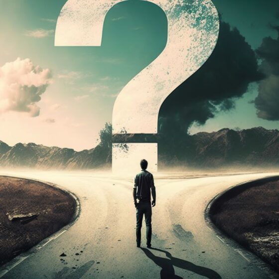 A person stands at a split road, facing a giant question mark in the sky, symbolizing a life choice or uncertainty ahead.