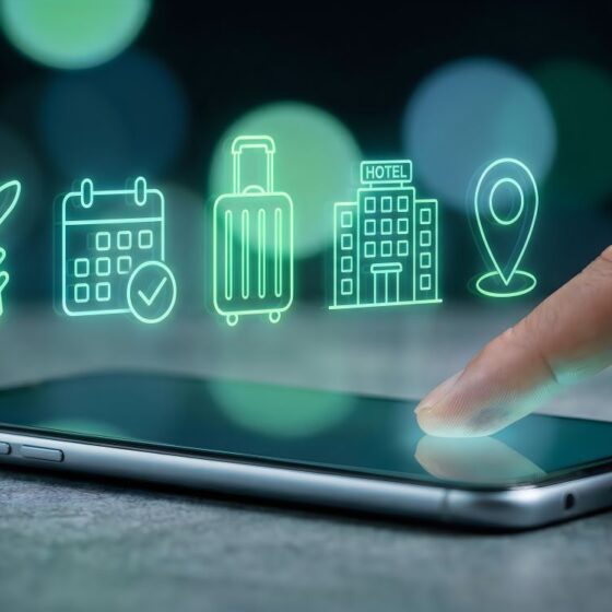 Finger tapping a smartphone with neon travel icons: plane, calendar with check, suitcase, hotel, and location pin above the screen.