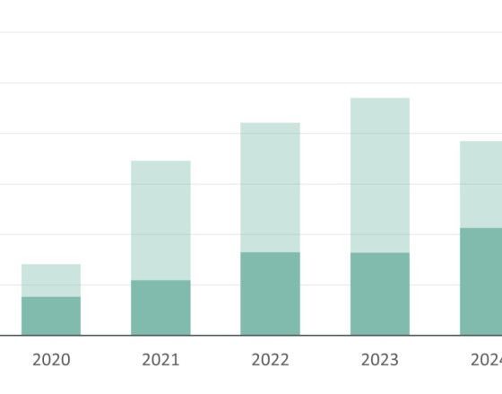 Stacked bar chart of yearly H1 and H2 values from 2018–2026, showing H2 (light) generally larger than H1 (darker) and total counts peaking in 2018, with a dip in 2020 and gradual recovery through 2025, then a smaller total in 2026.