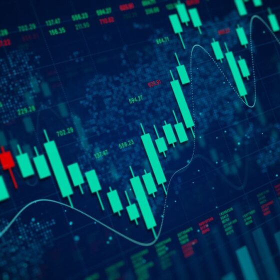 Stock market chart with teal candlesticks and a trend line showing price movement over time on a dark blue background.