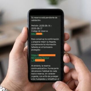 Mano sosteniendo un teléfono que muestra un mensaje de validación en pantalla, con instrucciones y un enlace, además de un código de reserva resaltado en colores