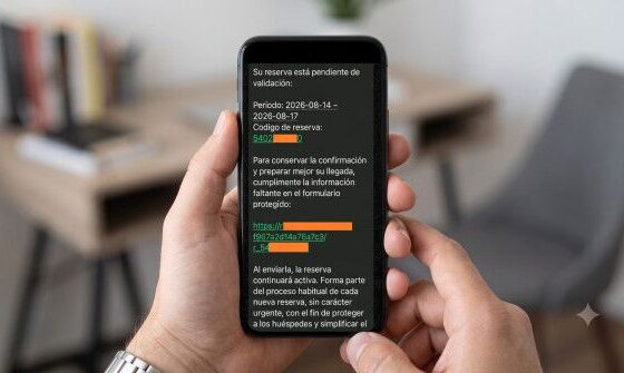Mano sosteniendo un teléfono que muestra un mensaje de validación en pantalla, con instrucciones y un enlace, además de un código de reserva resaltado en colores