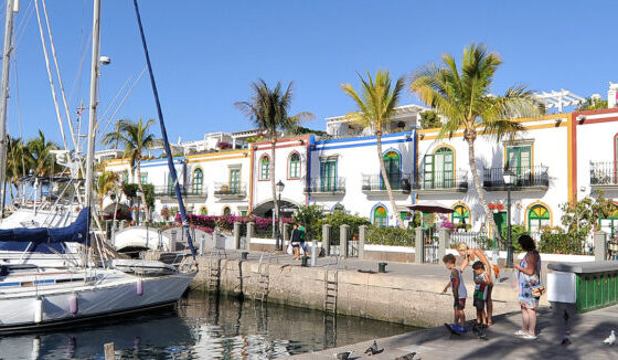Colorful harbor town with palm trees, boats at a dock, and people near the water along a stone quay.