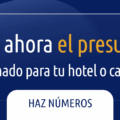 Banner en español invitando a calcular el presupuesto para hoteles o cadenas; incluye botón 'Haz números'.