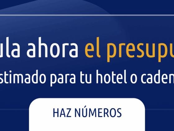 Banner en español invitando a calcular el presupuesto para hoteles o cadenas; incluye botón 'Haz números'.