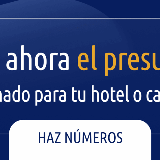 Banner en español invitando a calcular el presupuesto para hoteles o cadenas; incluye botón 'Haz números'.