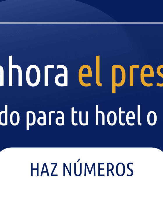 Banner en español invitando a calcular el presupuesto para hoteles o cadenas; incluye botón 'Haz números'.