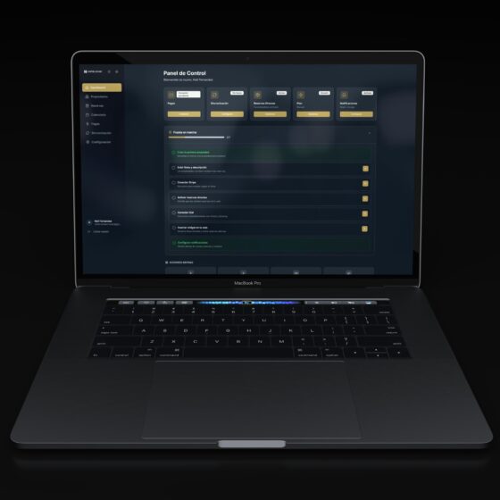 MacBook Pro screen displaying a dark Spanish control panel dashboard with left sidebar and module cards.