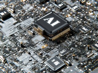Close-up of a computer motherboard with a prominent AI chip in the center.