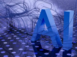 Abstract blue 3D shapes with tangled lines, representing a complex data network.