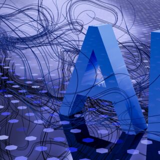 Abstract blue 3D shapes with tangled lines, representing a complex data network.