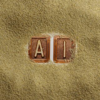 Two clay letter tiles, A and I, partially buried in golden sand on a beach surfacecreme.