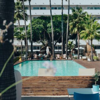 Pool at a sunny resort, surrounded by palm trees with a white multi-story hotel building in the background.
