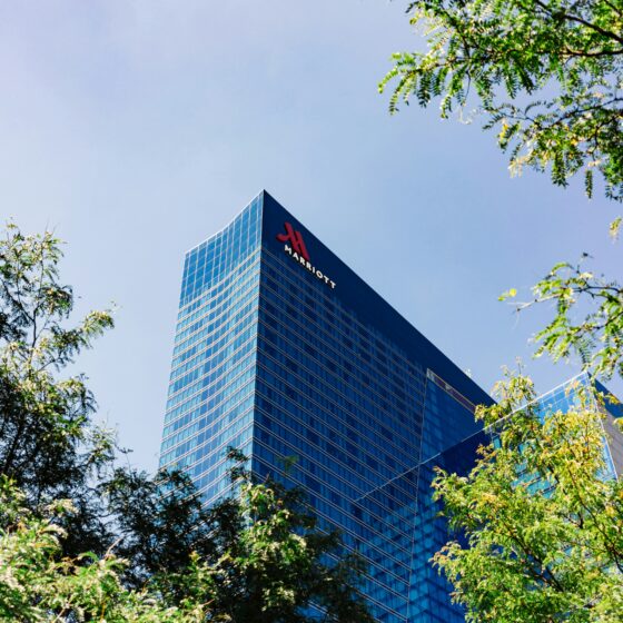 Blue glass skyscraper with Marriott logo, partially visible behind green tree branches against a clear blue sky.